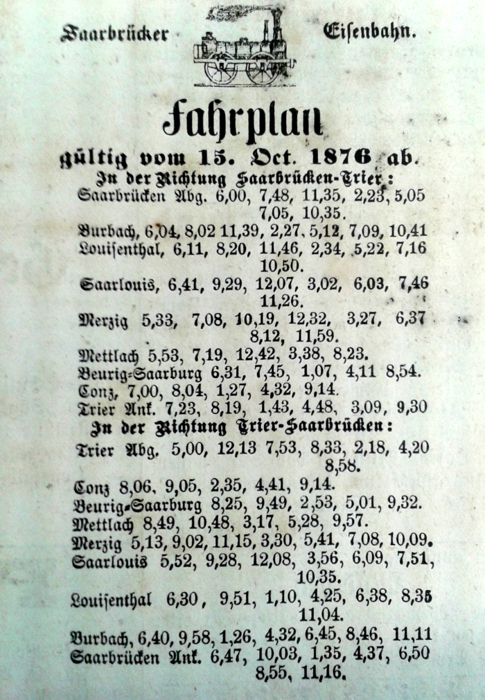 Fahrplan Saarstrecke 1876 - saarbrcker Eisenbahn