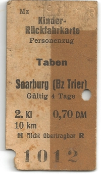 Fahrschein - Kinder-Rückfahrkarte von Taben nach Saarburg 1960 